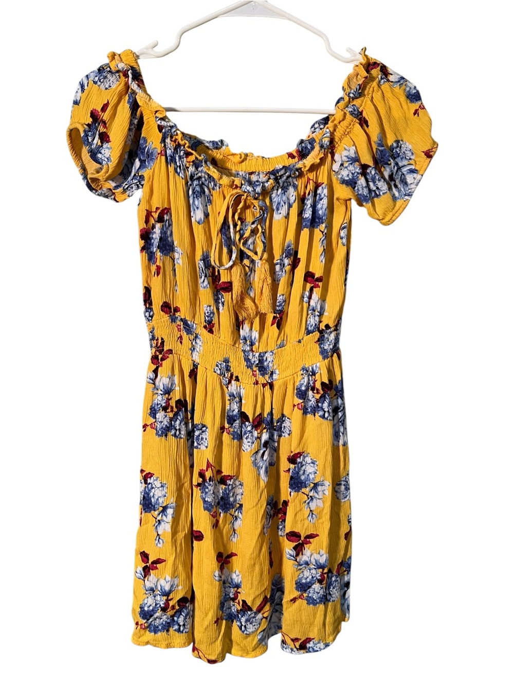 Womens Off Shoulder Mini Dress Yellow Burgundy Blue Floral Smocked Elastic Waist